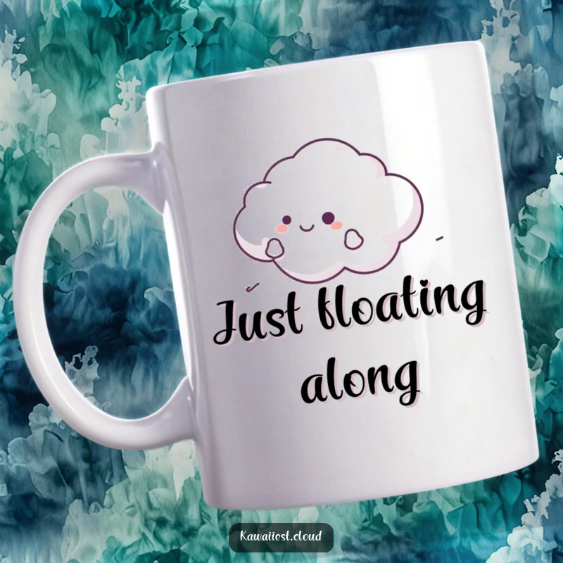 Funny Cloud Mug showing a character happily gliding on a gentle breeze, evoking peace and contentment.