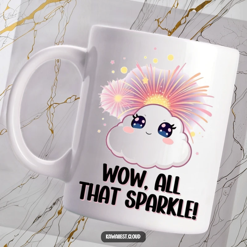 Funny Cloud Mug featuring a character with wide eyes, mesmerized by a magical, blooming firework display.