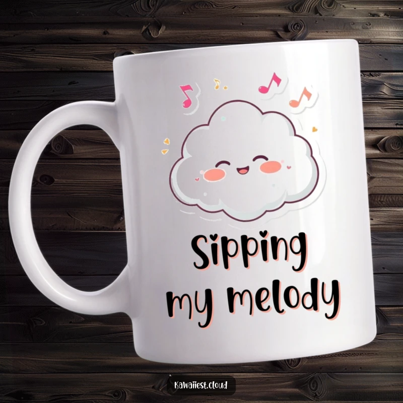 Funny mug featuring a cloud character giggling delightedly as tiny, dancing musical notes playfully float all around it.