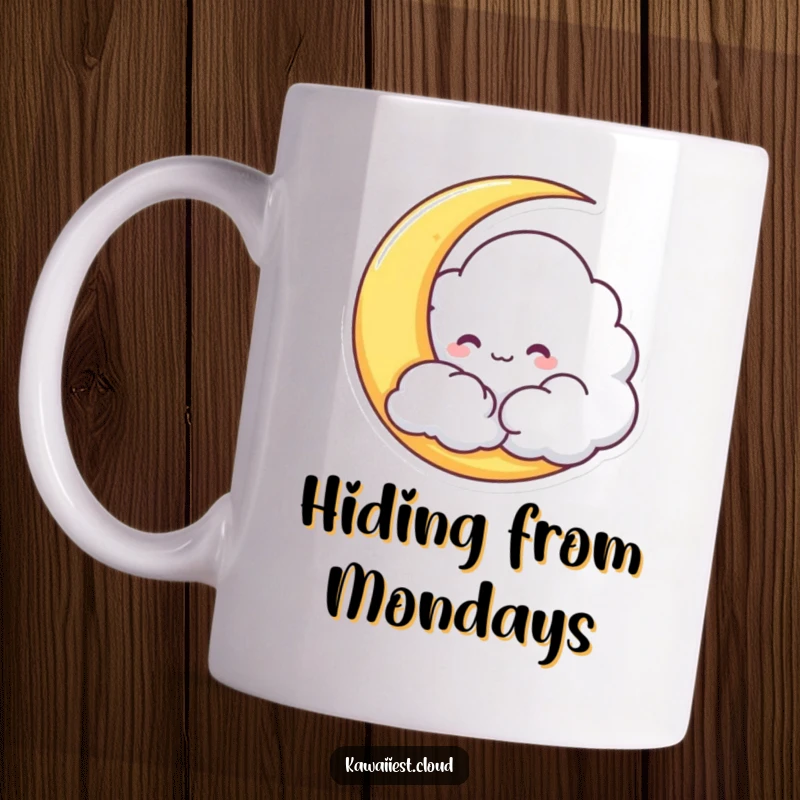 Funny Cloud Mug featuring a mischievous character playfully hiding behind a crescent moon, evoking wonder and delight.