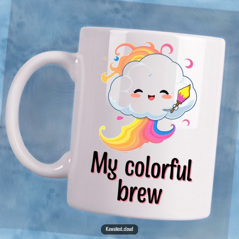 Funny Mug featuring a cheerful cloud character artistically painting the sky with vibrant, swirling colors.