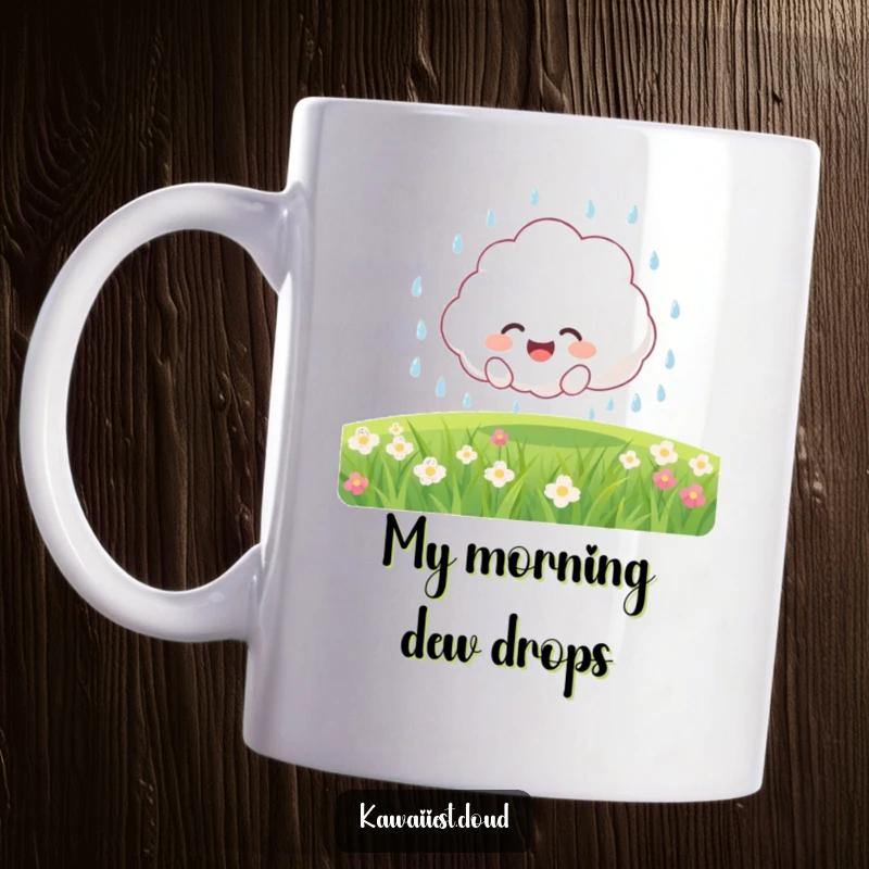 Funny Mug: Joyful fluffy cloud character showering a field with gentle, refreshing rain, spreading happiness and good vibes.