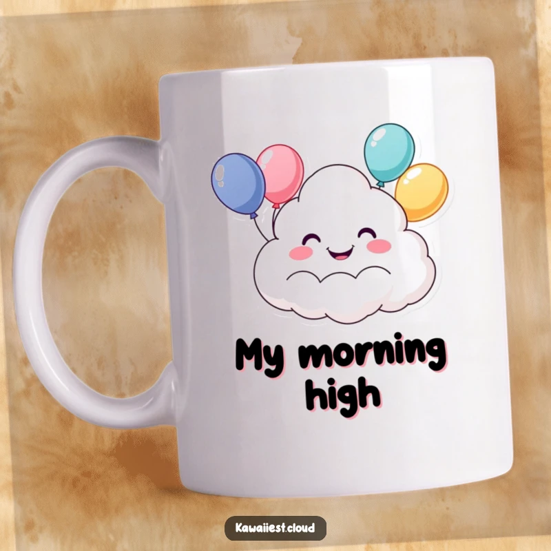 Funny mug featuring a happy cloud character with a huge grin, floating joyfully with colorful balloons. A delightful and humorous gift.