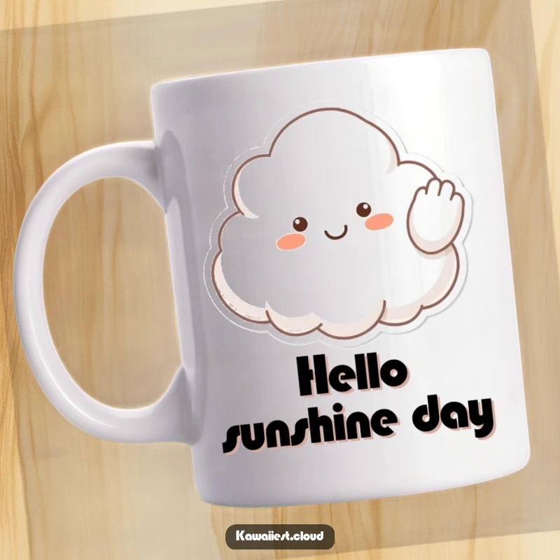 Funny mug featuring a happy, fluffy cloud character cheerfully waving a soft arm, sending a friendly hello to the viewer.