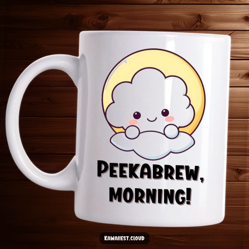 Funny mug featuring a cheerful cloud character playfully peeking from behind a crescent moon, conveying joy and surprise.