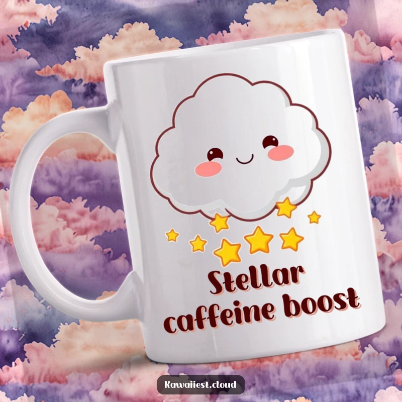 Funny mug featuring a smiling cloud character with rosy cheeks, joyfully throwing a handful of sparkling stars. Whimsical and humorous.
