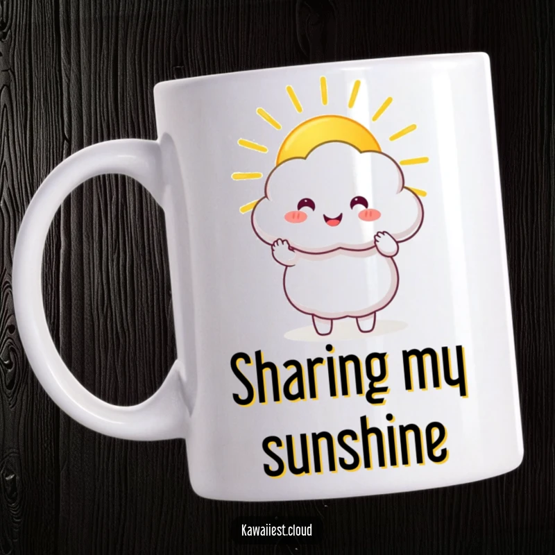 Funny Mug: A happy cloud character holding a large, golden sunbeam and generously sharing its light and warmth.