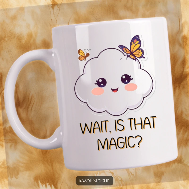 Funny Mug depicting a cheerful cloud character with wide, astonished eyes, observing a small butterfly fluttering nearby in surprise.