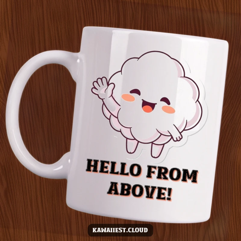 Funny Mug of a happy cloud character enthusiastically waving its arm in a big, friendly greeting.