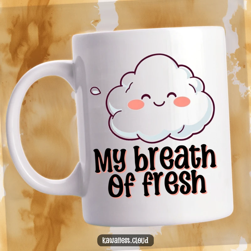 Funny mug featuring a smiling cloud character gently blowing a colorful, soft breeze, bringing a sense of calm and wonder.