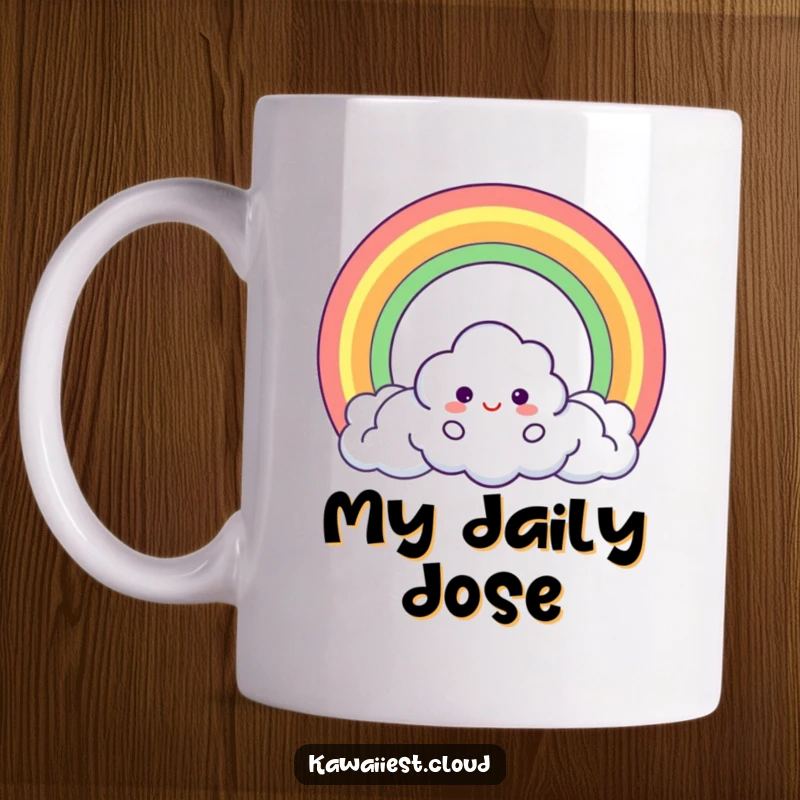 Funny Mug featuring a cheerful cloud character creating a perfect, complete circle rainbow, symbolizing joy and magic.