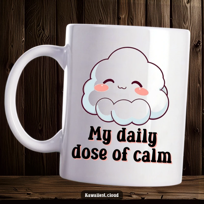 Funny mug with a contented cloud character sighing softly, embodying peace and stress relief, perfect for a cozy moment.