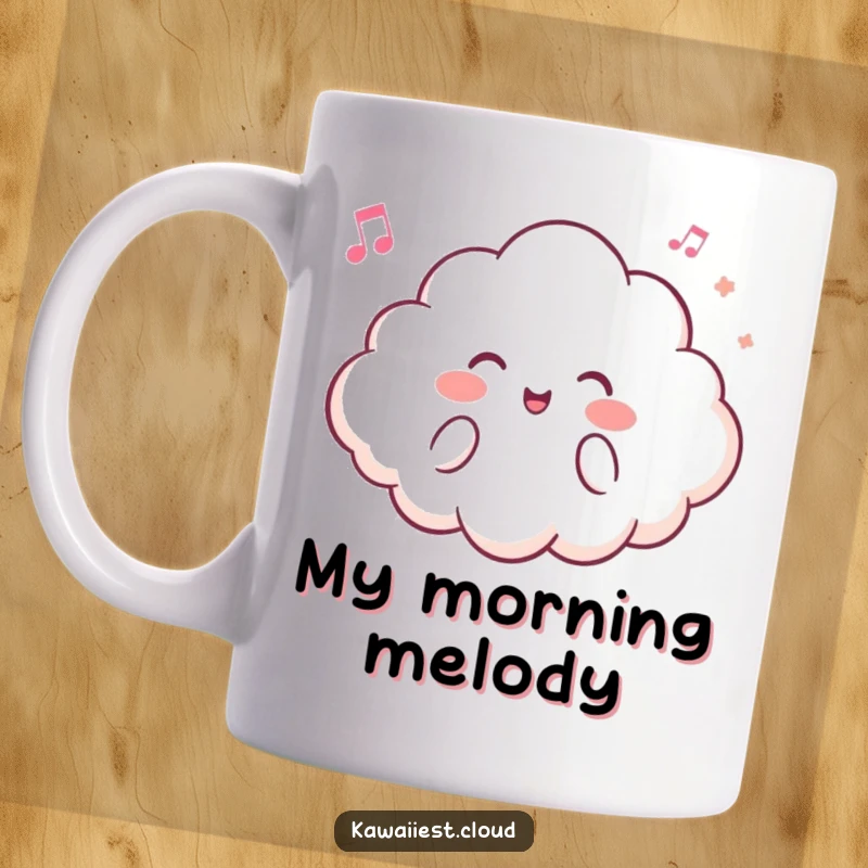 Funny mug featuring a smiling cloud character humming a cheerful tune with musical notes floating around it.
