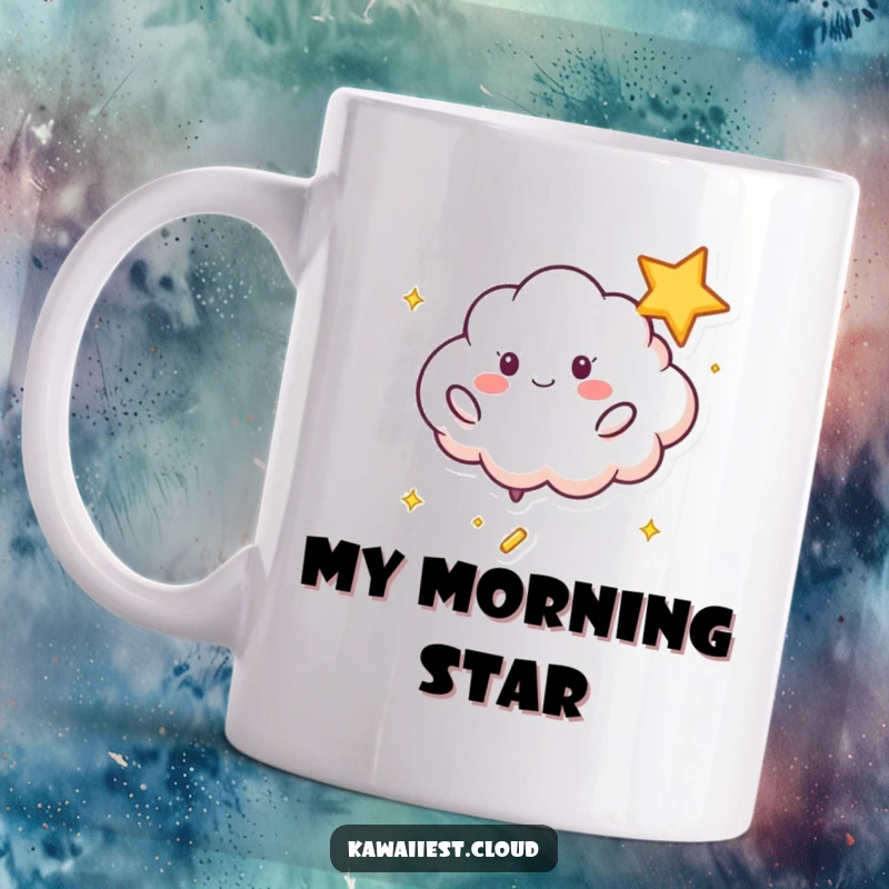 Funny Playful Cloud Mug: A happy cloud character energetically bouncing a shimmering star, full of playful motion.