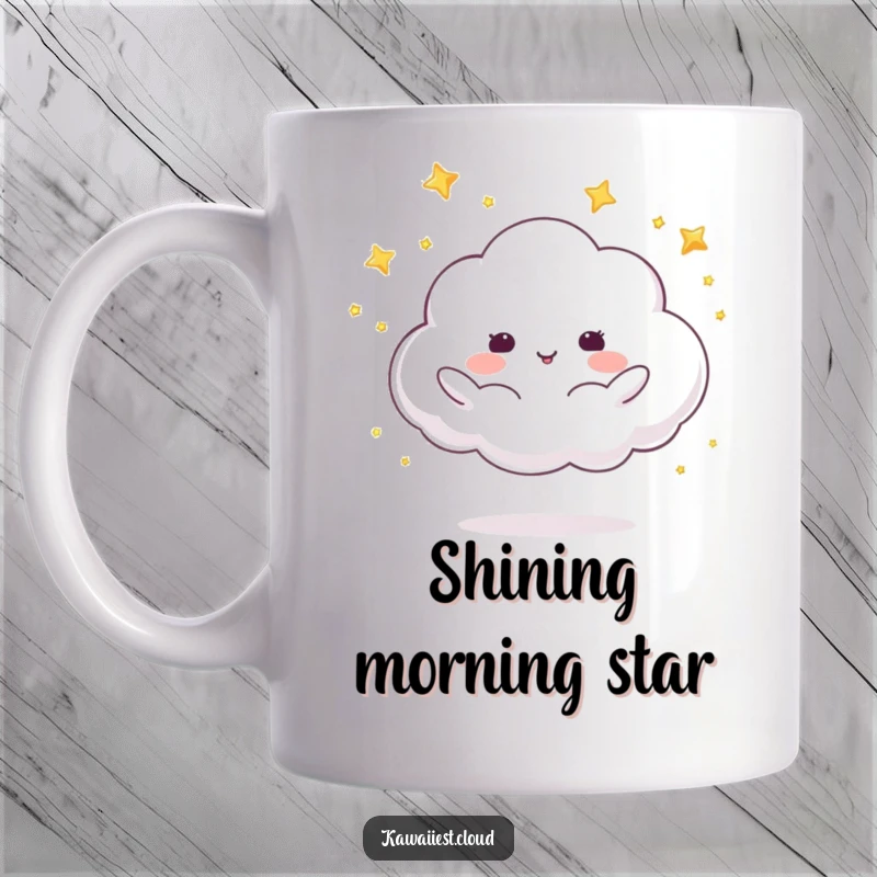 Funny mug featuring a cloud character skillfully juggling small, shimmering stars against a night sky backdrop, full of wonder.