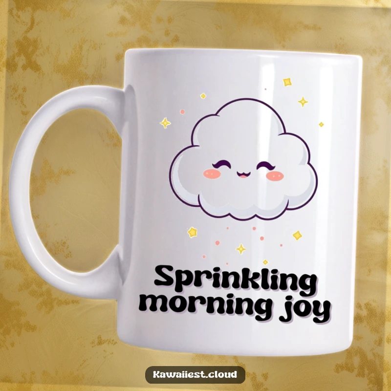 Funny Mug featuring a mischievous cloud character with a twinkle in its eye, dropping sparkling confetti.