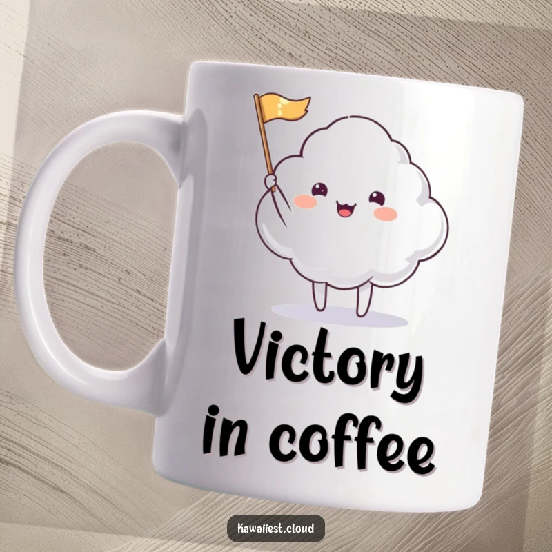 Funny Mug: A happy cloud character enthusiastically waving a tiny, shimmering flag, spreading cheerful greetings.