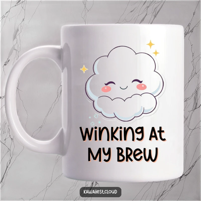 Funny Winking Cloud Mug: A charming cloud character gives a playful wink, leaving a delightful trail of sparkles.