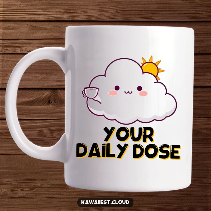 Funny mug featuring a cloud character with an outstretched arm offering a cup filled with bright, glowing sunshine. Warm and humorous.