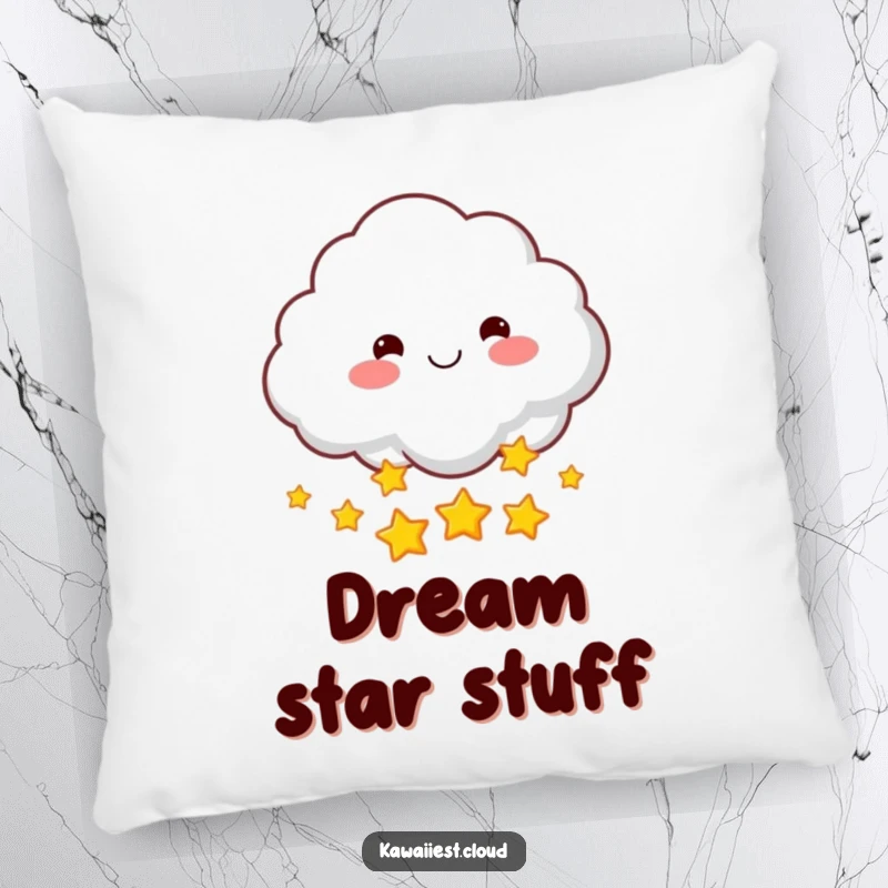 Funny pillow featuring a smiling cloud character with rosy cheeks, playfully tossing a handful of shimmering stars. Soft and magical.
