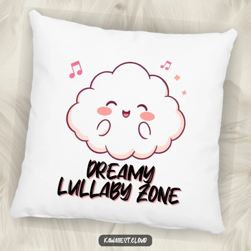 Funny pillow featuring a content cloud character humming a soft, airy tune, offering comfort and a touch of whimsy.