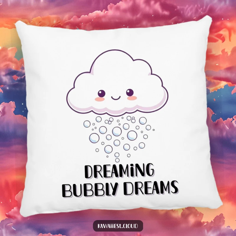 Funny Pillow featuring a cloud character gently emitting a stream of tiny, shimmering, iridescent bubbles, designed for comfort.