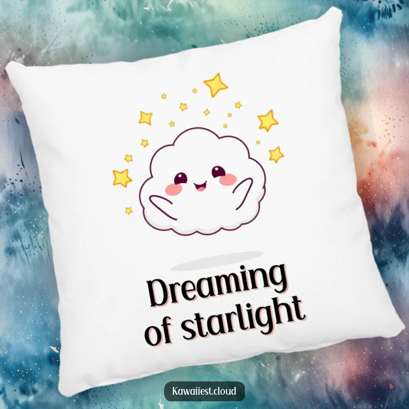 Soft funny cloud character happily launching tiny fireflies, creating a magical and cozy feel on this pillow.