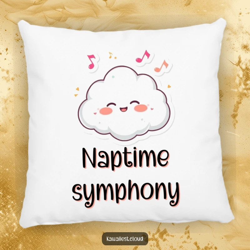 Funny pillow depicting a cloud character giggling merrily as tiny, dancing musical notes float around.