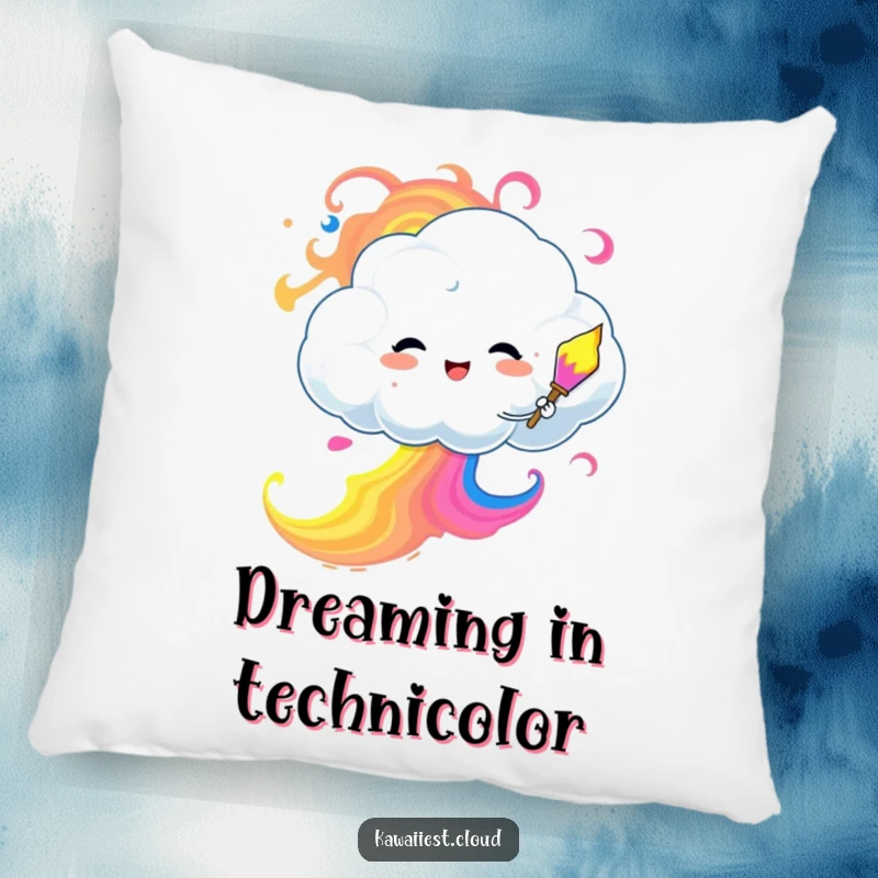 Funny Pillow featuring a happy cloud character diligently painting a beautiful, colorful sky with swirling patterns.