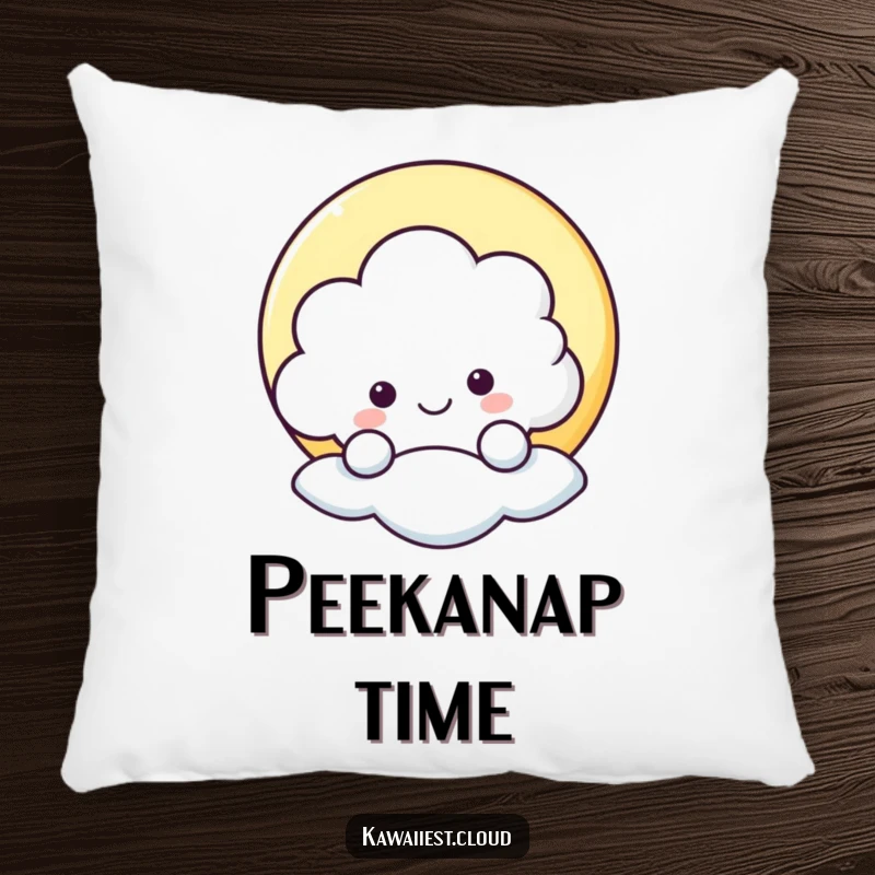 Funny pillow featuring a cheerful cloud character hiding behind a moon, offering a cozy and humorous decorative accent.