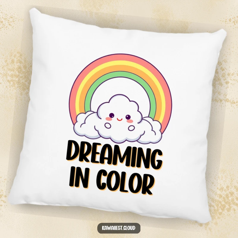 Funny Pillow depicting a cheerful cloud character creating a perfect circle rainbow, bringing a sense of cozy enchantment.