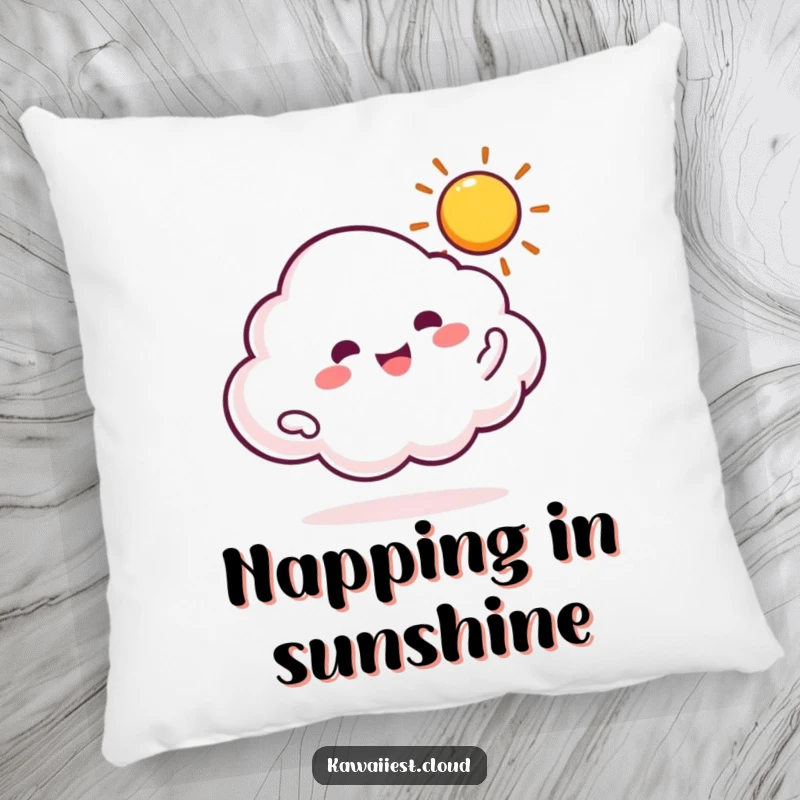 Funny pillow depicting a cloud character merrily spinning a bright, tiny sun, perfect for cosmic comfort.