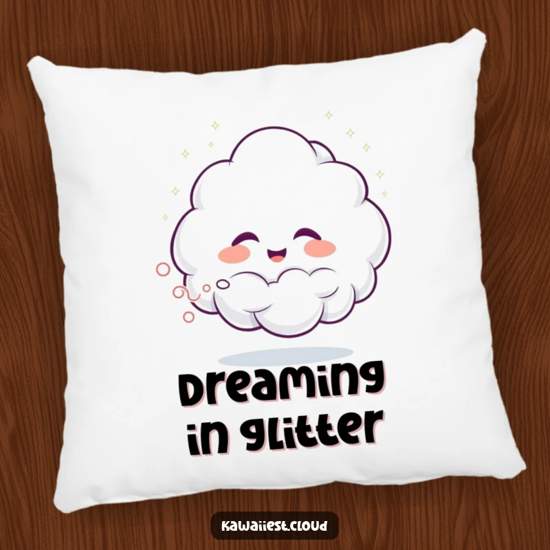 Funny pillow featuring a giggling cloud character spraying glittering mist, perfect for adding comfort and a humorous touch.