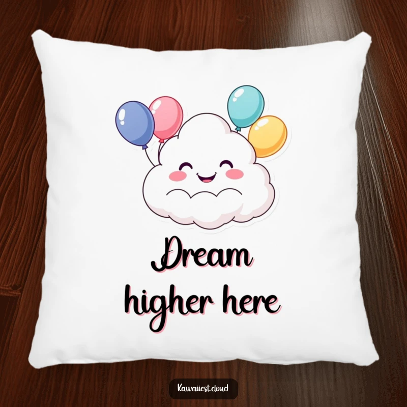 Funny pillow featuring a happy cloud character with a broad grin, holding aloft a bouquet of balloons. Soft and humorous decor.