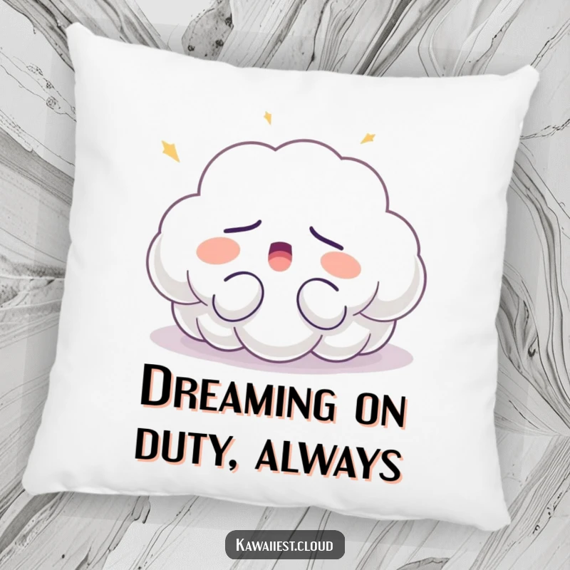 Funny sleepy cloud pillow featuring a character yawning contentedly, set against a soft light, offering comfort and humorous charm.