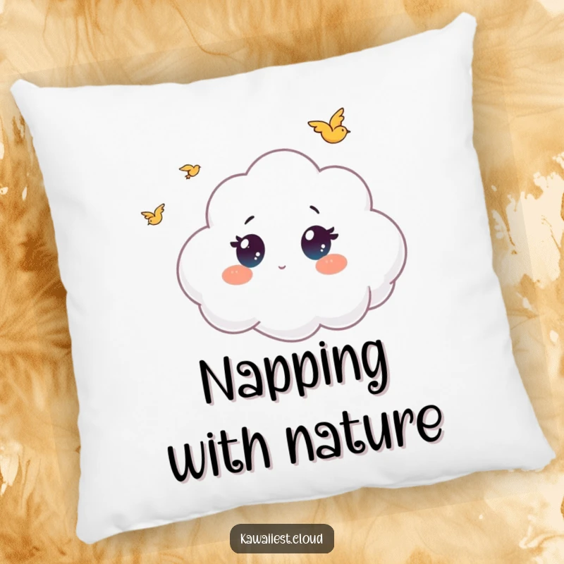 Funny pillow featuring a cloud character with large, curious eyes, watching tiny birds fly, adding a touch of whimsy.