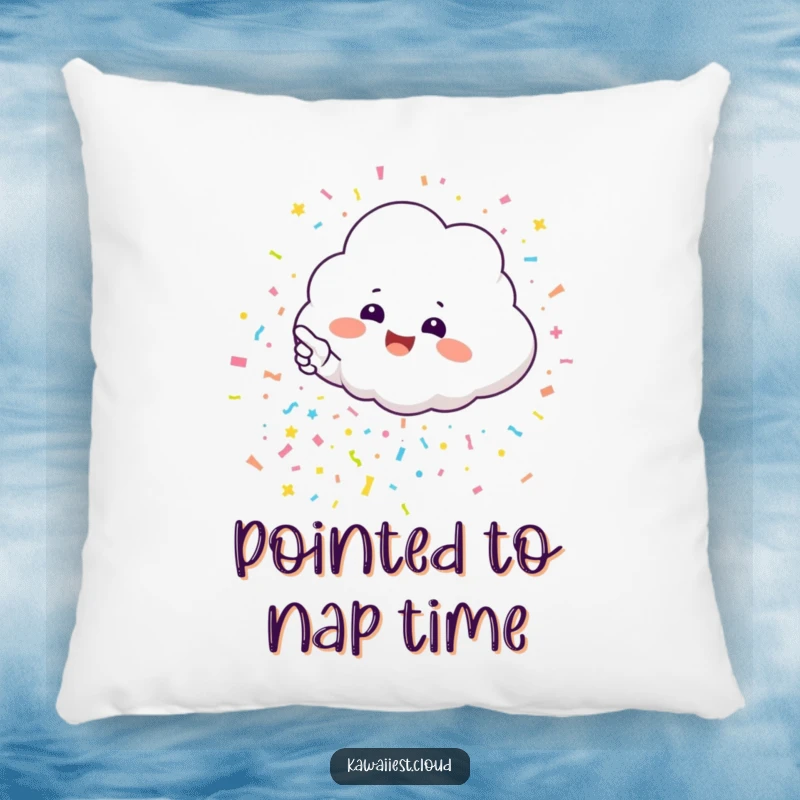 Funny pillow with a plush, excited cloud character pointing to a joyful, falling shower of bright confetti.