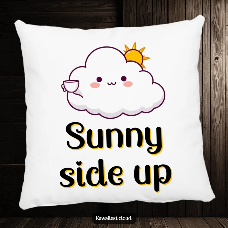Funny pillow featuring a cloud character offering a cup of radiant sunshine with an extended arm. Soft and comforting.