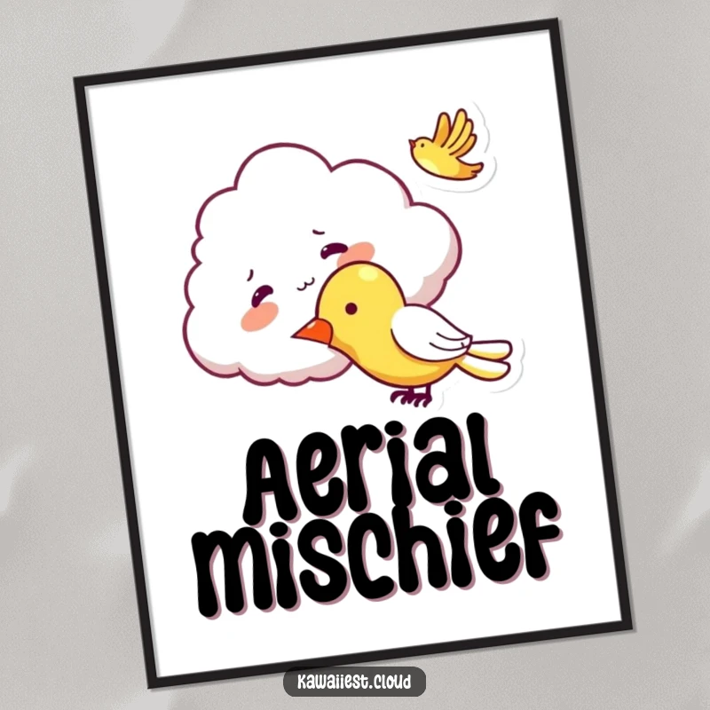 Funny Mischievous Cloud Digital Art: High-resolution print of a mischievous cloud character playfully tickling a passing airplane.