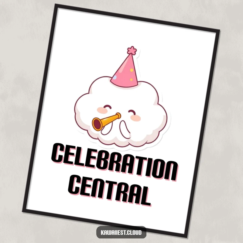 Funny Digital Art Print of a cloud character in a party hat, blowing a tiny trumpet with great enthusiasm.