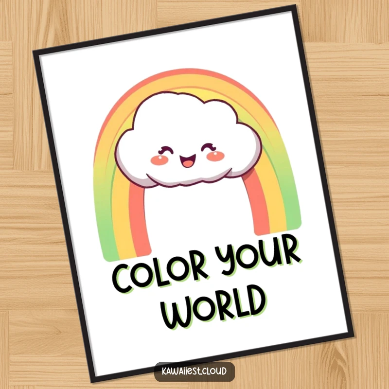 Funny Digital Art Print: Delighted cloud character creating a perfect, vibrant rainbow arch, full of color and joy.