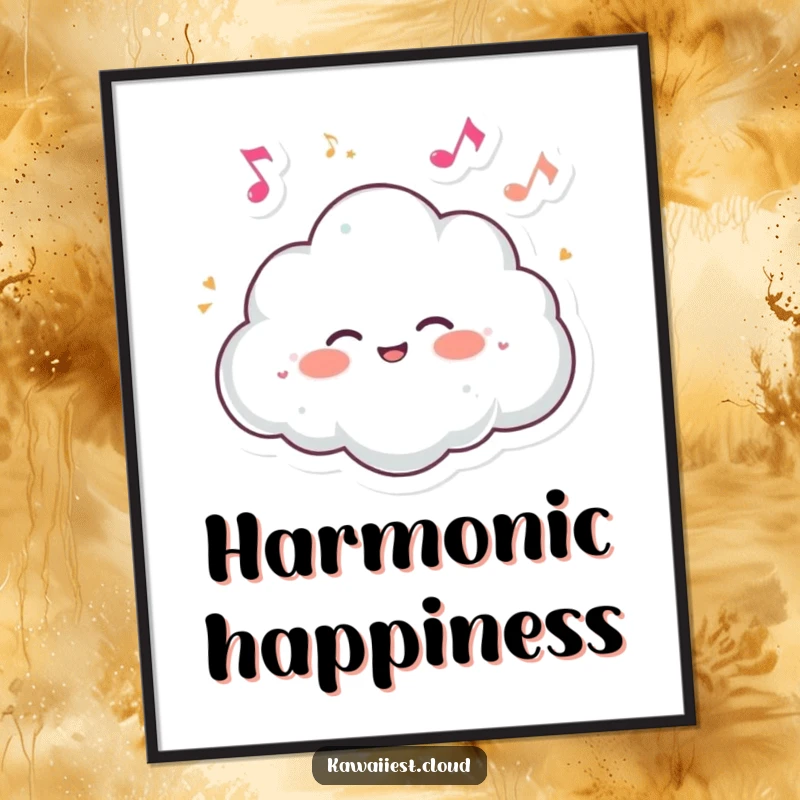 Funny digital art print of a cloud character giggling as tiny, dancing musical notes playfully float around.
