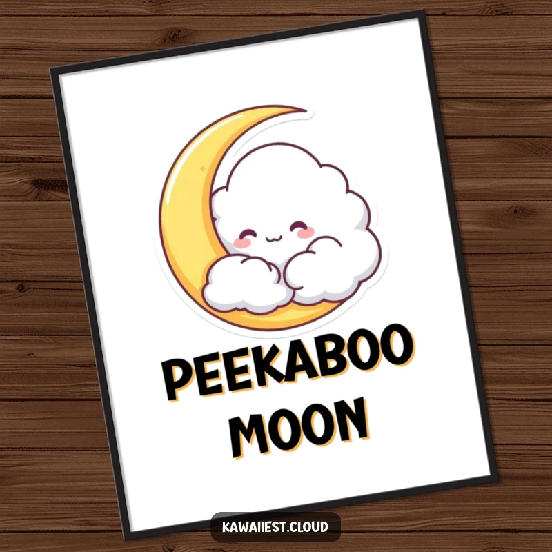 Funny Cloud Digital Art Print of a mischievous character hiding behind a crescent moon, ideal for instant decor.