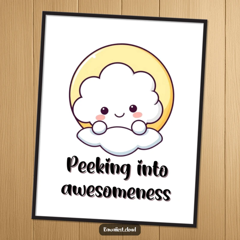 Funny digital art print of a cheerful cloud peeking from behind a moon, ready to download and display for humorous decor.