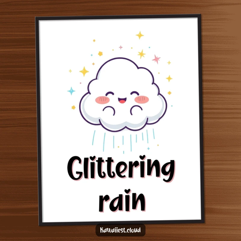 Funny Joyful Cloud Rain Digital Art Print: High-resolution art of a joyful cloud character showering glittery rain, perfect for digital display.