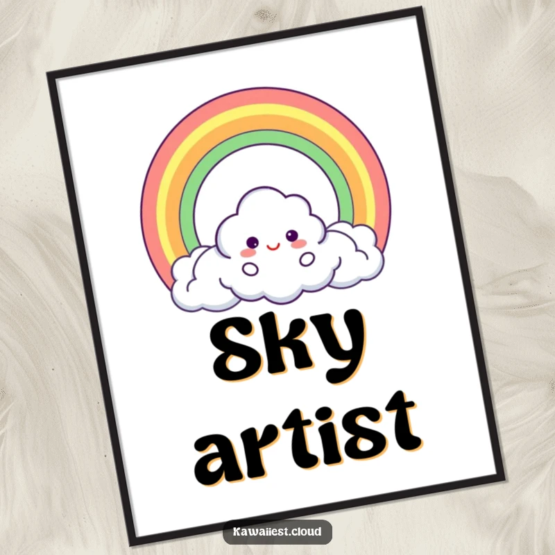 Funny Digital Art Print of a cloud character creating a perfect circle rainbow, offering a whimsical and magical focal point.
