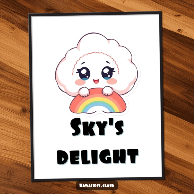 Funny cloud digital art print, a delighted cloud with big eyes watches a rainbow form, bringing whimsy and joy.