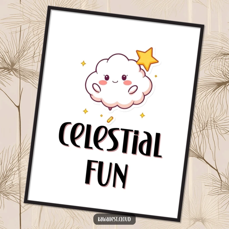Funny Playful Cloud Digital Art: High-resolution print of a playful cloud character bouncing a shimmering star with energy.