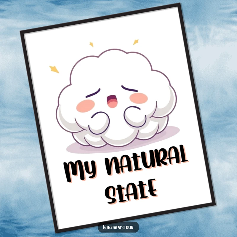 Funny sleepy cloud digital art print of a character yawning contentedly in soft light, offering instant humorous and cozy wall decor.