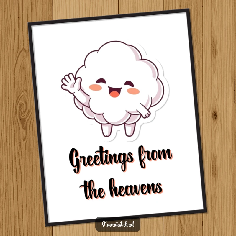 Funny Digital Art Print of a happy cloud character giving a big, enthusiastic, and friendly wave.